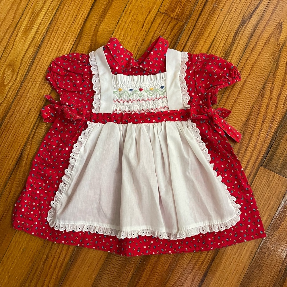 Vintage original Polly Flanders Hand Smocked Red Baby Dress with White Apron
